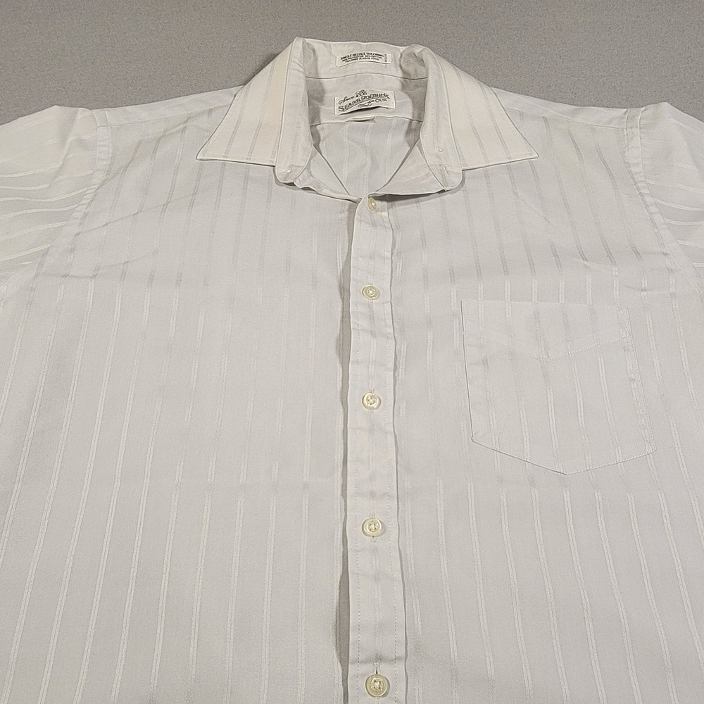 VTG Sears Roebuck & Co. Mens Shirt Short Sleeve White Striped Button‎ Up Large